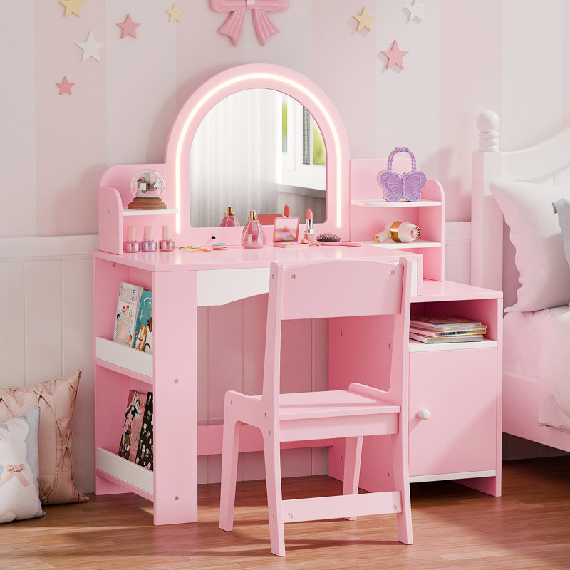 2 in 1 Kids Vanity Set With Mirror And Led Lights, Pink