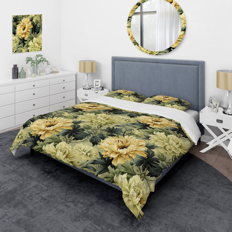 Ensemble de housse de couette beige et vert pivoines damassées Serenity, Housse de couette pour très grand lit et 2 très