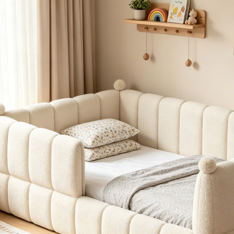 Lit plateforme simple tapissier avec rails de sécurité, Beige