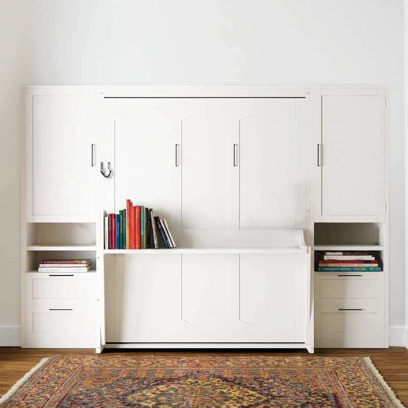 White Queen-Size Murphy Bed Wall Bed With Built-In Wardrobe + Drawers + Shelves, Integrated Design Saves Space, Fully Meets Sleeping And Multi-Layer Storage