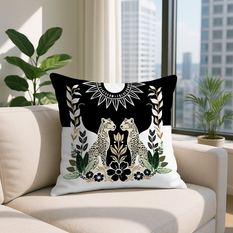 Oreiller carré réversible intérieur / extérieur Spoke Leopard, Carré 16 po, Noir
