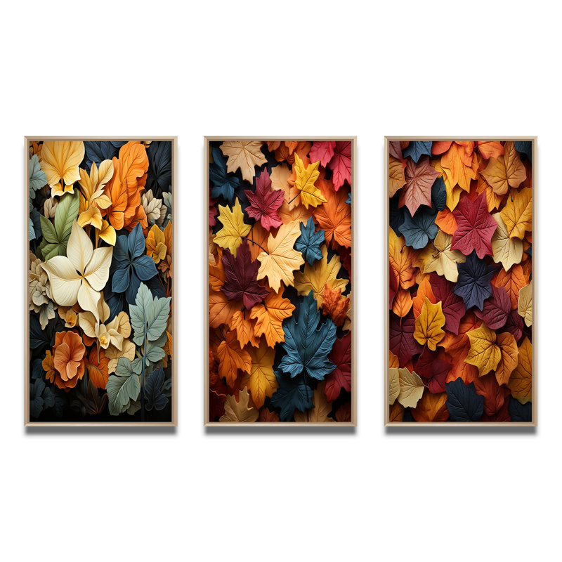 Ensemble d'imprimés 3 pièces - Feuilles d'automne, Cadre naturel flottant, H 28 po x l 36 po
