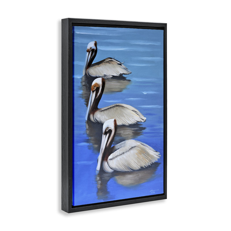 «Pelican Trio Drifting», toile flottante encadrée dorée par D. Rust, H 25 po x l 17 po, Cadre flottant noir de jais