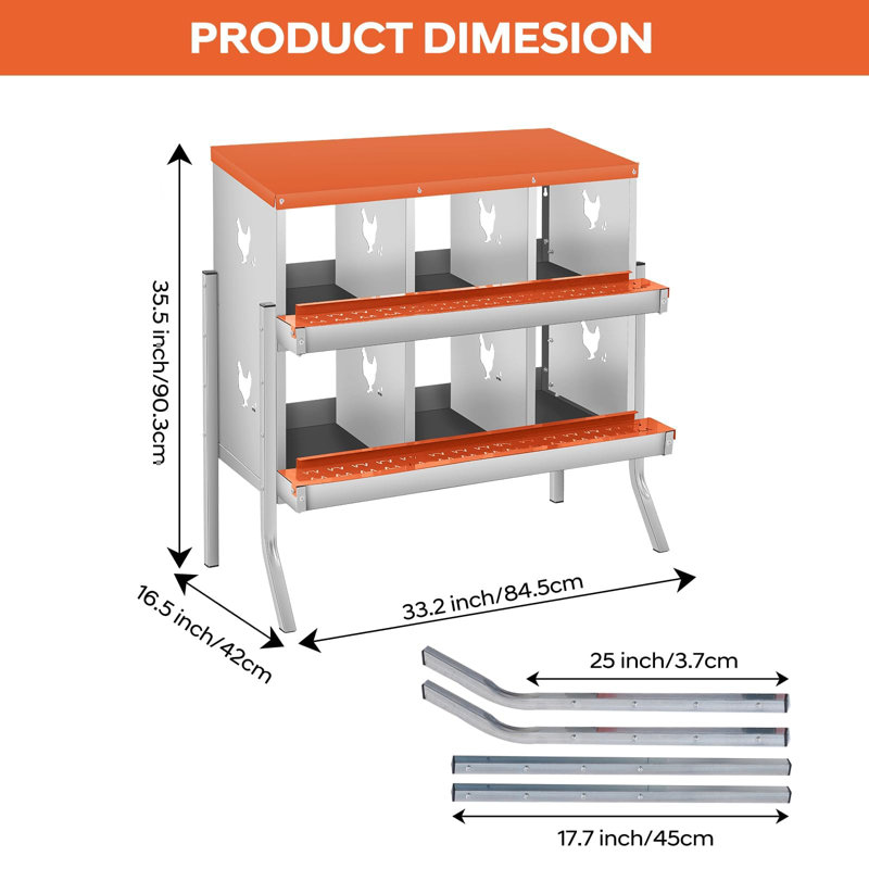 Boîte de nidification de poulet à 6 compartiments, boîte à œufs en métal avec trous ventilés, orange, Orange