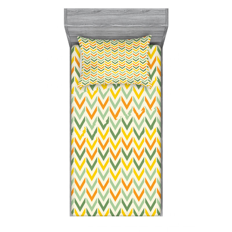 Microfiber Chevron Sheet Set, Twin XL Sheet Set with Fitted Sheet, Yellow/Green/Orange Chevron