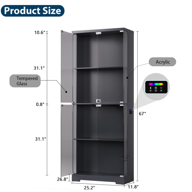 4-Tier Glass Display Cabinet With RGB Sensor Light And Lock, Gray