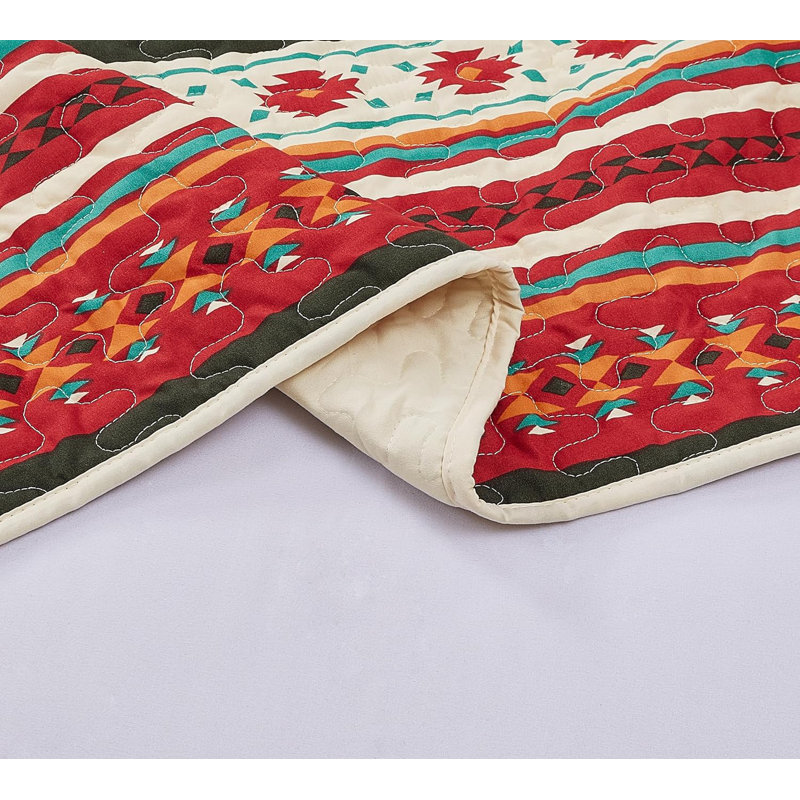 Lightweight Southwestern Geometric Tribal Aztec Quilt Set, Queen Quilt + 2 Standard Shams, Cream/Red/Teal/Orange