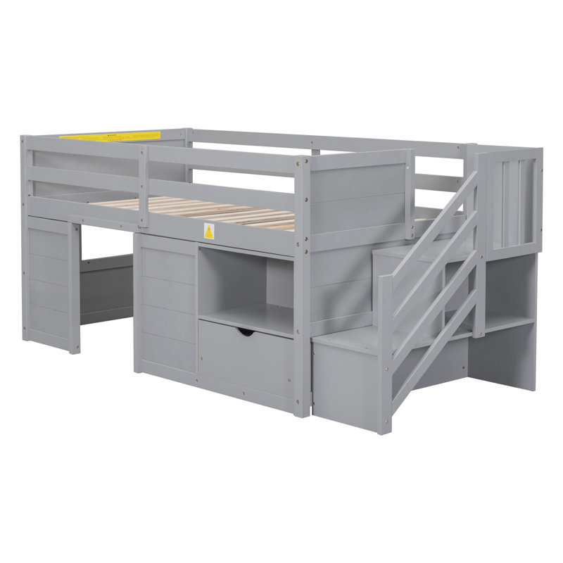Lit simple, lit double en bois massif avec escalier, tablette et tablette, Gris