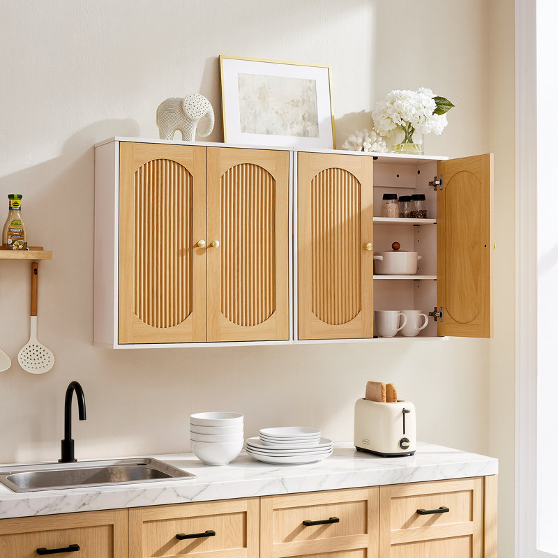 Armoire de salle de bain murale avec panneau de porte cannelé et tablette réglable, chêne blanc et naturel, 1 pièce