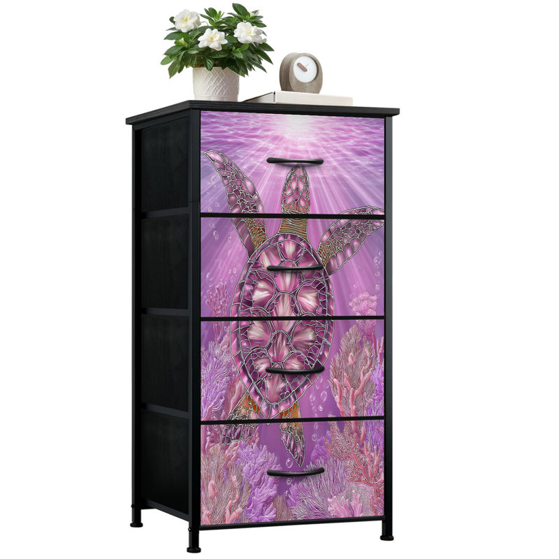 Commode de style vitrail pour la chambre à coucher avec 4 tiroirs de rangement Commode en verre teinté lavande et tortue de mer rose