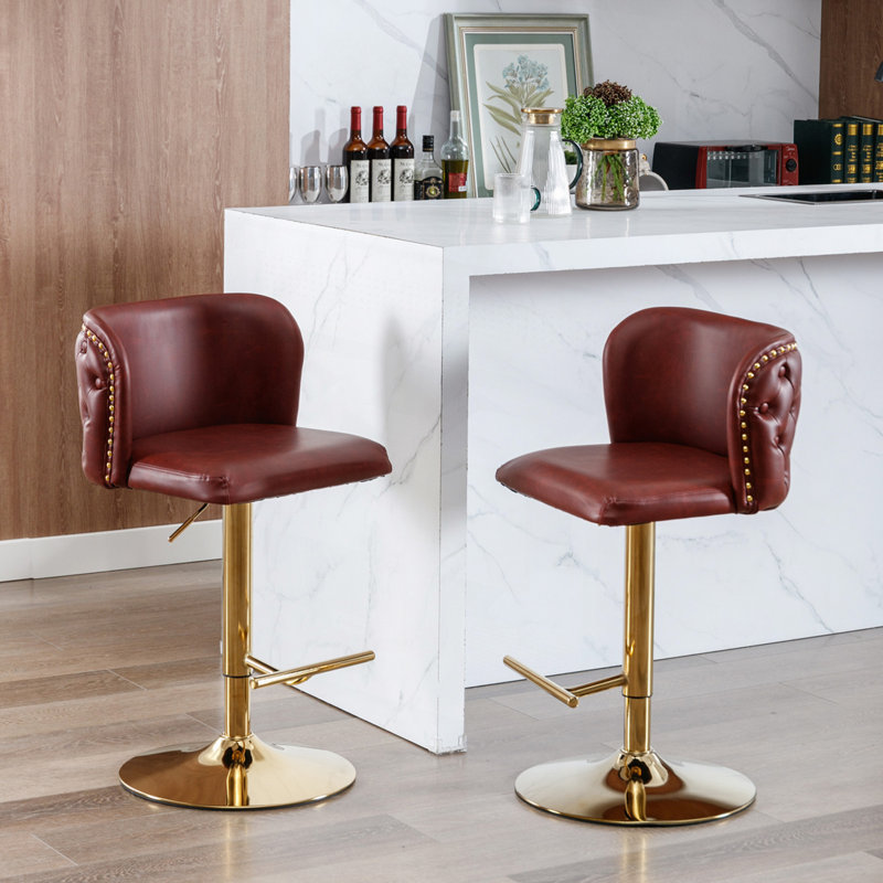 Jeneanne Upholstered Adjustable Height Counter Stool, Gold, Burgundy Leather