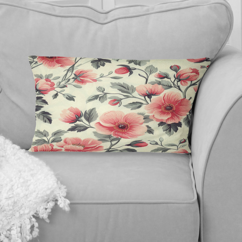 Coussins lombaires roses et verts à motif floral traditionnel I
