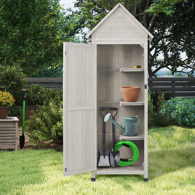  FTCBNet Sold Wood Outdoor Storage Shed,Tall Vertical Garden Tool Cabinet with Waterproof Metal Roof & Adjustable Feet, Perfect for Yard, Patio, Lawn & Deck (22" x 26" x 67")