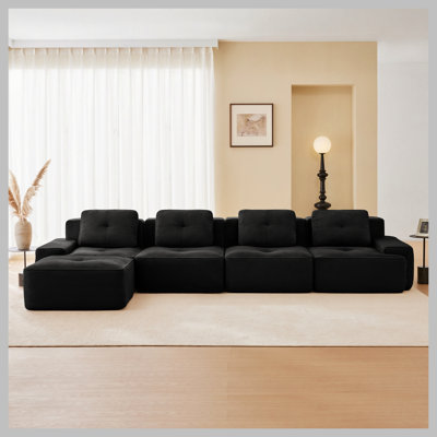 153" Modern L-Shaped Modular Sectional Sofa for Living Room, Corduroy Fabric, 4-Seater Couch with Deep Seat and Movable Ottoman, Pearl-like piping, Tufted Design, No Assembly, Anti-slip Design​,Black