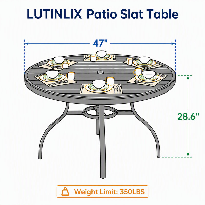 Table de salle à manger ronde noire de 119 cm (47 pouces), grande table moderne monobloc pour l'intérieur et l'extérieur, idéale pour les repas en famille, sur la terrasse ou dans le jardin.