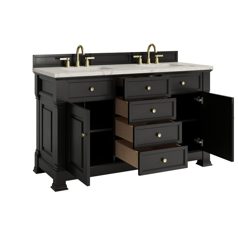 Meuble-lavabo double l 60 po Brookfield, Noir onyx, Argent victorien, À entraxe