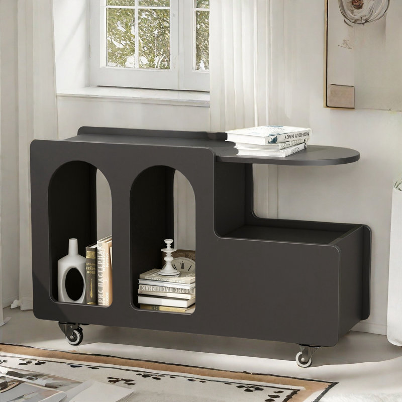 Mobile End Table With Lockable Wheels, A Drawer And Raised Tabletop Edge, Black