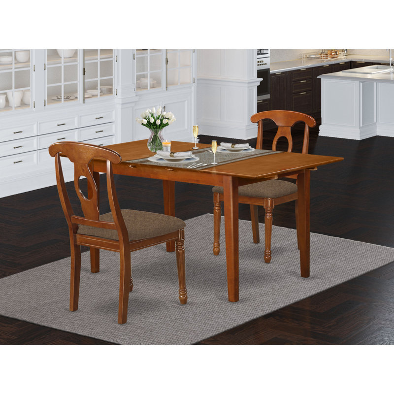 3 Piece Kitchen Table Set Contains a Rectangle Dining Room Table with Butterfly Leaf and 2 Linen Fabric Dining Chairs, Saddle Brown