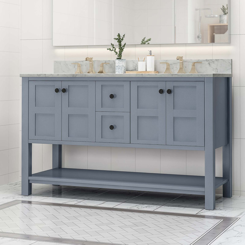 Meuble-lavabo 61 po avec comptoir en marbre et deux lavabos en céramique, 4 portes, 2 tiroirs, tablette ouverte, gris