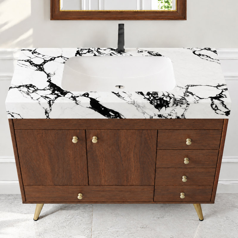 Meuble-lavabo autoportant moderne 36 po avec 1 armoire et 5 tiroirs, comptoir en pierre frittée, lavabo en céramique et pieds en acier inoxydable