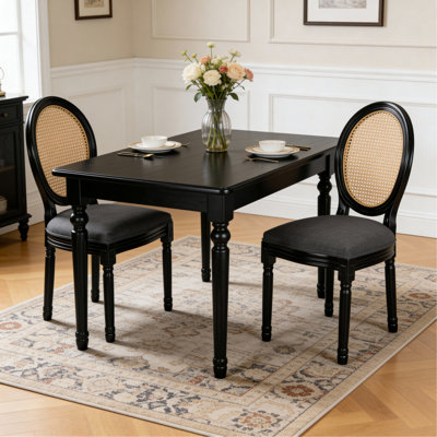 Ensemble de 2 chaises de salle à manger French Country, rembourrées avec dossier rond en rotin, pour le salon, la cuisine, le restaurant, structure en bois massif noir, tissu gris foncé