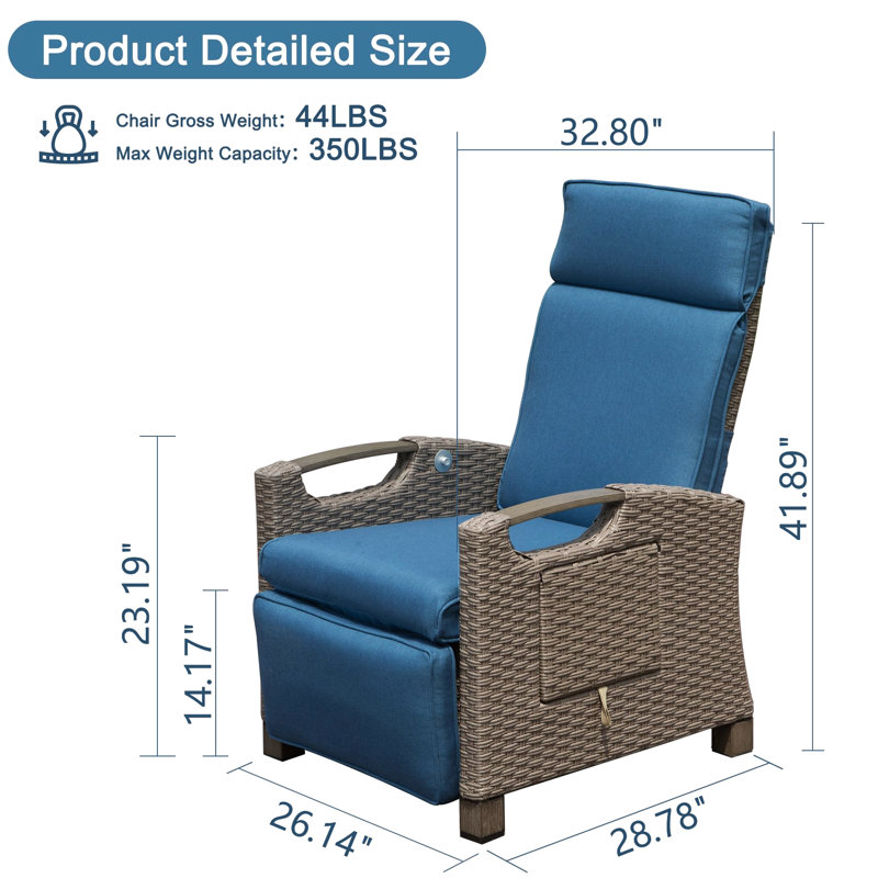 Fauteuil inclinable de patio avec protection et table d'appoint - Chaise confortable bleue tissée à la main, réglable