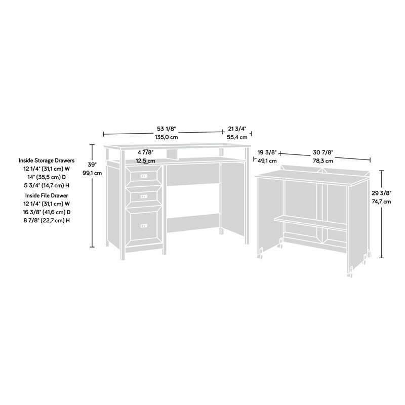 White Wood Credenza Desk with Drawer and Filing Cabinet
