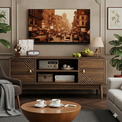 Meuble télé de 43,31 po, meuble télé Mid-Century moderne avec rangement pour téléviseurs de 32/45 po, console média pour le salon et la chambre à coucher au fini noyer
