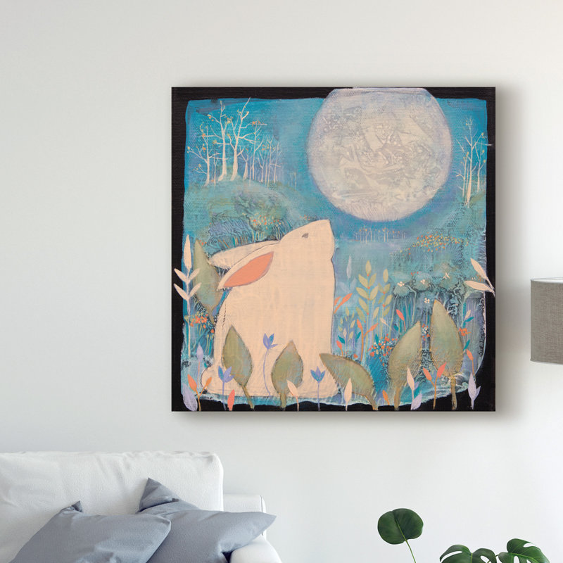 « lapin et lune », art sur toile, H 14 po x l 14 po x P 2 po