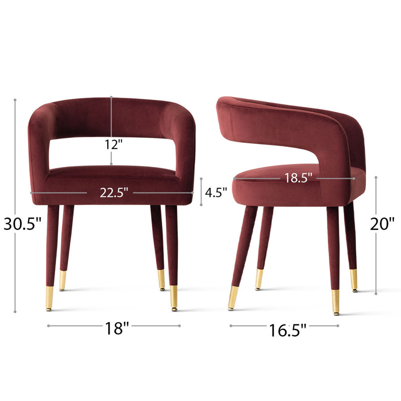 Velvet Upholstered Dining Chairs, Modern Barrel Back Armchairs With Fabric-Wrapped Metal Legs And Gold Caps, Burgundy
