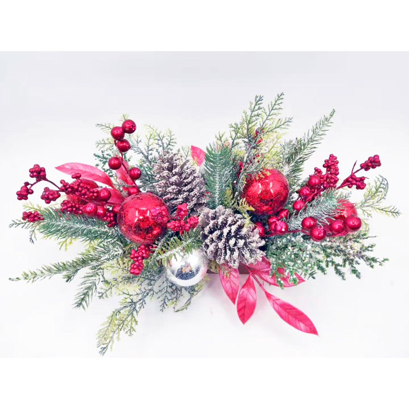 Arrangement floral mixte en pot, Rouge / argenté