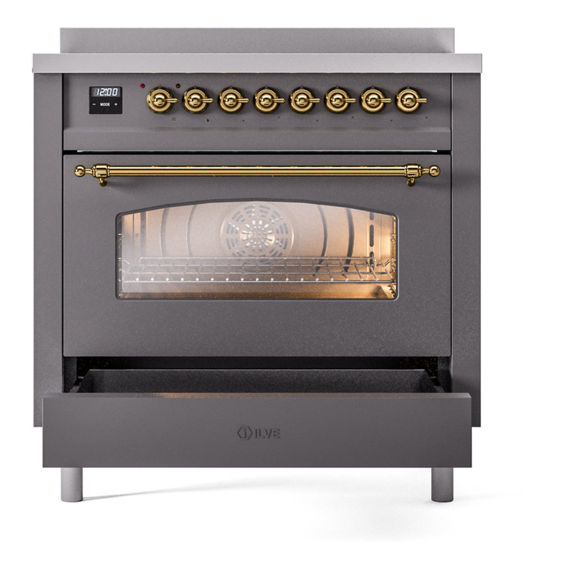 ILVE Nostalgie II Series 36 inch Induction Range with 6 Induction Elements (Glass Door), Graphite Matte/Brass
