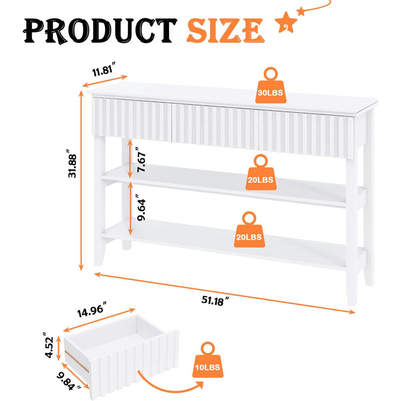 51.18" Console Table With 3 Drawers And Open Storage Shelf, White