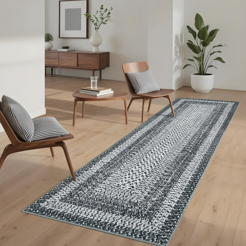 2x8 Runner Rug, Machine Washable Braided Printed Hallway Carpet, Non-Slip Throw Floor Mat for Kitchen, Farmhouse, Living Room, Bedroom (Gray)