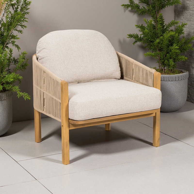 Fauteuil club d'extérieur en bois, Coussin beige/cadre naturel