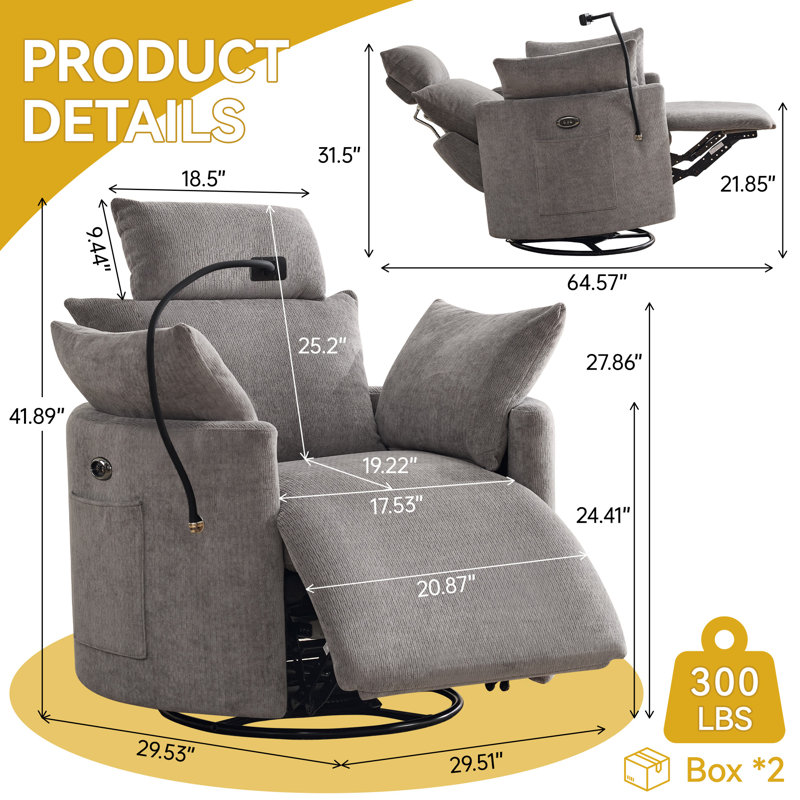 Round Swivel Recliner with Adjustable Headrest, Power & Manual Options, Light Gray, Power
