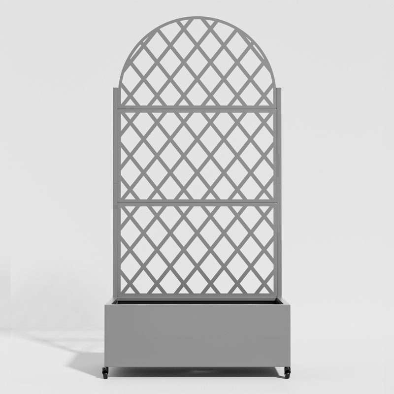 Cedar Metal Rectangular Individual Planter Box With Trellis With Wheels, Gray