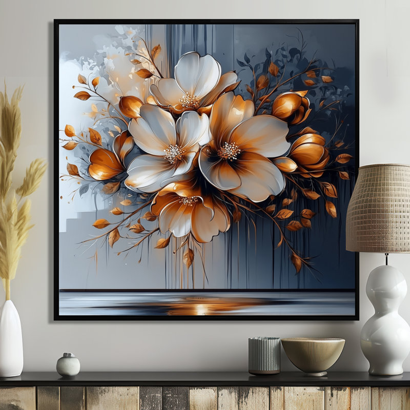 Fleur transitionnelle dorée abstraite II - art mural floral abstrait, Impression encadrée flottante, Noir, noir, noir, noir