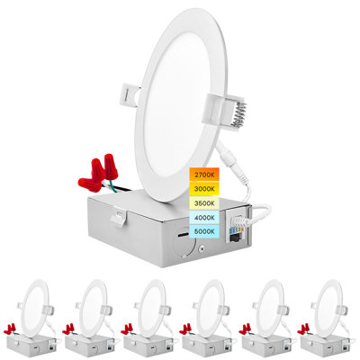 Luminaire encastré ultra mince à DEL de 5 pouces Luxrite avec boîte de jonction, 12 W, 5 CCT, couleur sélectionnable 2700 K | 3000 K | 3500K | 4 000 K | 5000 W, lumières à gaufrette à intensité variable, 1000 lumens, ETL et Energy Star, ensemble d