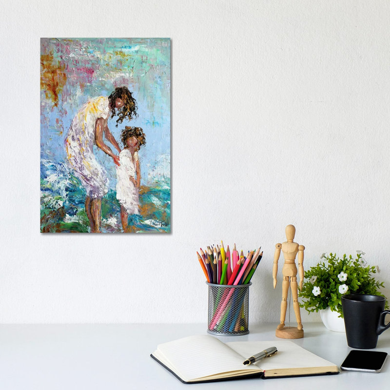 Mother and Child at Beach 1 Piece Wrapped Canvas Painting, 20.32 cm H x 30.48 cm W