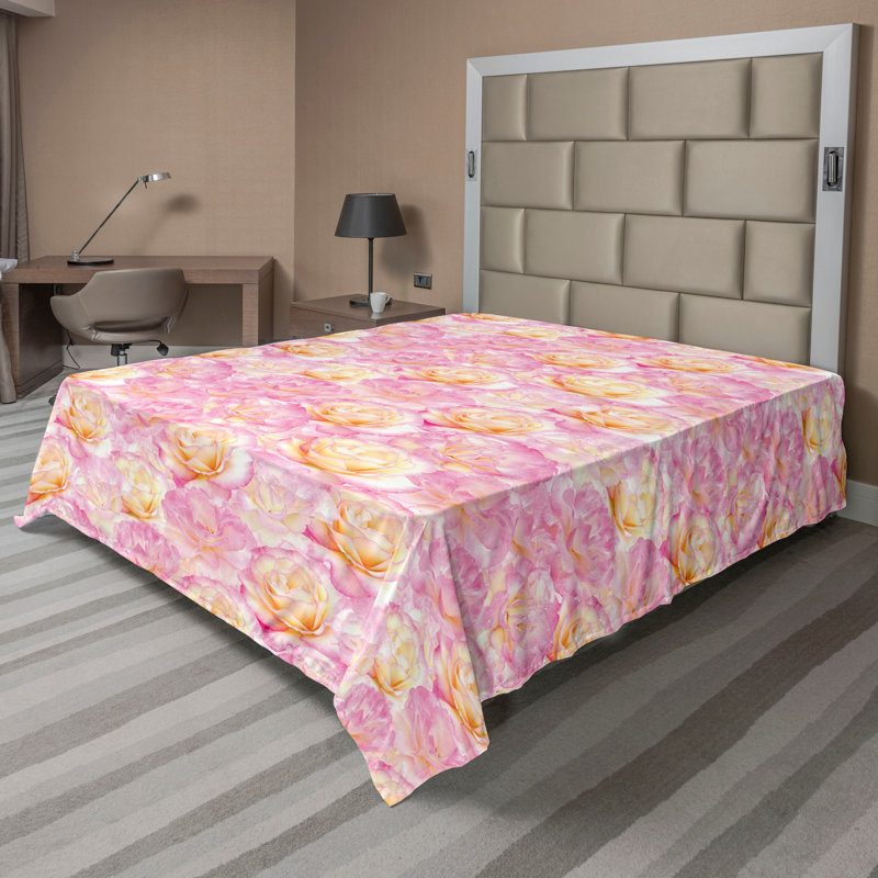 Ambesonne drap plat floral roses, art naturel rose pastel et fuchsia pâle