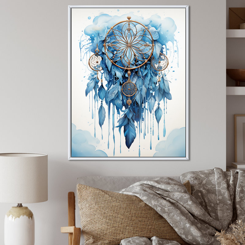 «Blue Boho Dreamcatcher Watercolor», reproduction sur toile, 32" H x 16" W, Cadre flottant blanc