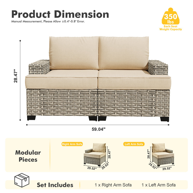 59" Wide Outdoor Wicker Loveseat With Cushions, Modular Patio Sofa Seat With Left And Right Arm Sofa, Beige