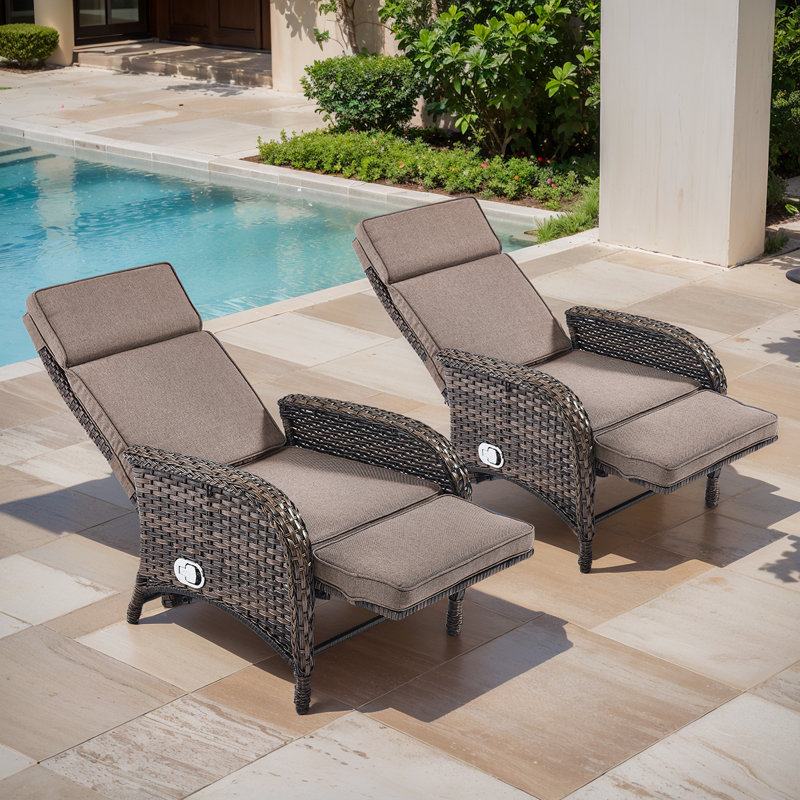 Gaetanino Outdoor Wicker Rattan Poolside Reclining Chaise Lounge With Integrated Comfort Cushion, Gray
