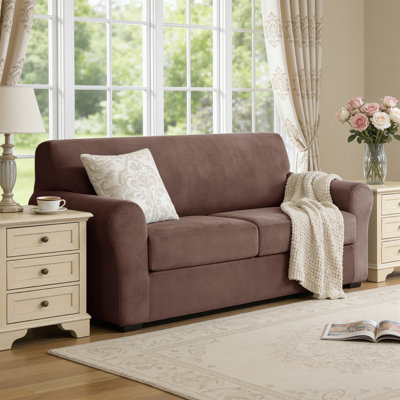 Housse de canapé en velours extensible 3 pièces, housse pour canapé pour 2 coussins, protecteur de meubles lavable à la machine (causeuse, brun)