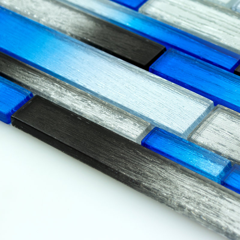 Foil Random Sized Interlocking Glass Mosaic Tile, Sky Blue/Dark Gray