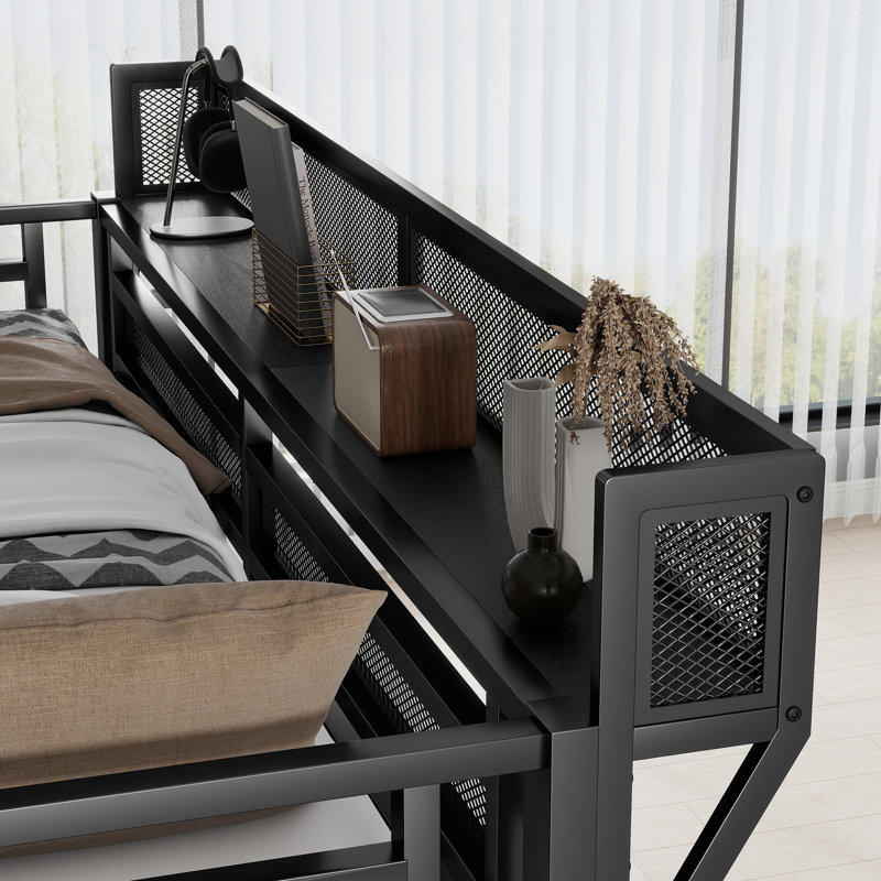 Queen Size Metal Loft Bed with Stairs, Storage Shelves & Wardrobe, High Loft Bed for Kids, Teens, Adults, Black