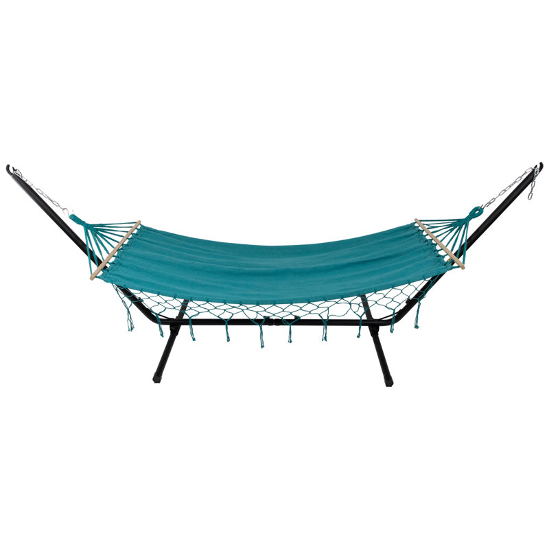 Hammock With Netted Fringe And Wooden Bars - 100" X 41", Teal Green