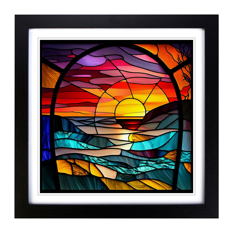 Sunset Stained Glass Effect - Single Picture Frame Print on Wood, Black