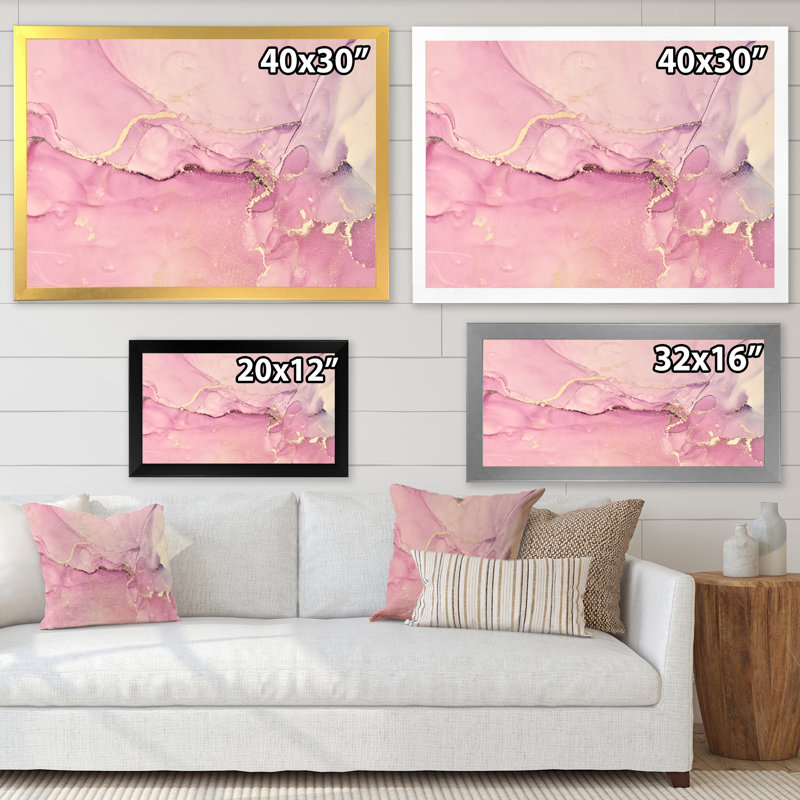 «Pink Marble Waves II», peinture sur toile, H 24 po x l 32 po x P 1 po, Cadre photo blanc